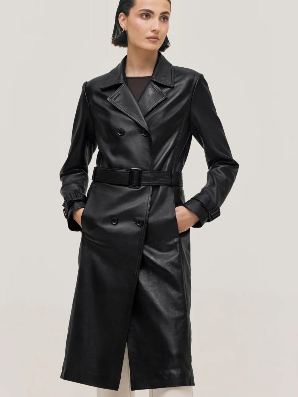 Danier Soft Black Leather Belted Peacoat Trenchcoat Size XS